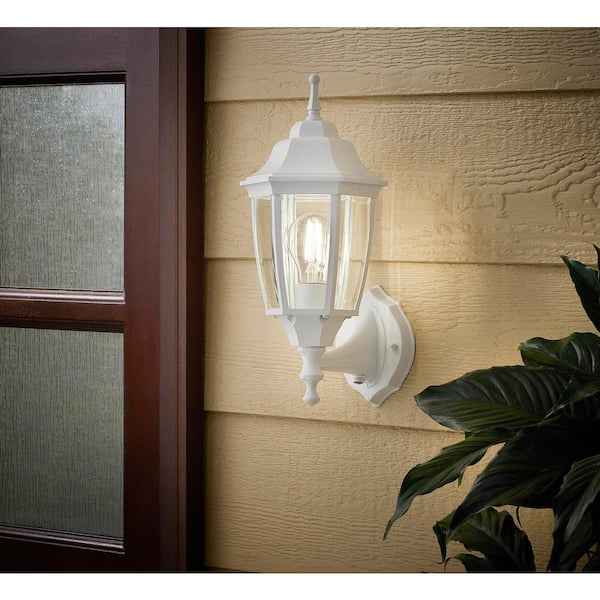 14 in. 1-Light White Hardwired Dusk-to-Dawn Outdoor Wall Light Lantern Sconce with No Bulb Included