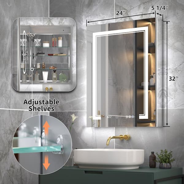 ExBrite Deluxe 24 in. W x 32 in. H Rectangular Recessed/Surface Mount Right Medicine Cabinet with Mirror, Backlit & Front Light