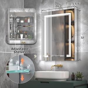 Deluxe 24 in. W x 32 in. H Rectangular Recessed/Surface Mount Left Medicine Cabinet with Mirror, Backlit and Front Light