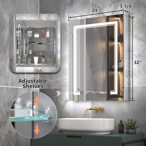 Deluxe 24 in. W x 32 in. H Rectangular Recessed/Surface Mount Left Medicine Cabinet with Mirror, Backlit and Front Light