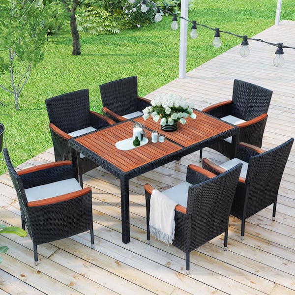 Unbranded Reddish-Brown 7-Piece Wicker Outdoor Dining Set, Patio Dining Table and Chairs Set with Wood Tabletop and White Cushions