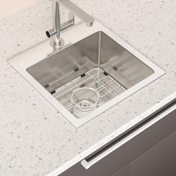 Coporesell 15 in. Drop-In Single Bowl 16-Gauge Brushed Nickel Stainless Steel Kitchen Sink with Bottom Grids