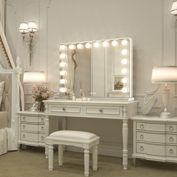 Keonjinn 32 in. W x 24 in. H Large Hollywood Vanity Mirror Light, Makeup Dimmable Lighted Mirror for Table in Brush Nickel Frame, Silver 32x24 in