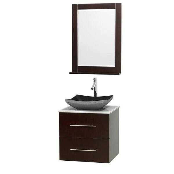 Wyndham Collection Centra 24 in. Vanity in Espresso with Solid-Surface Vanity Top in White, Black Granite Sink and 24 in. Mirror