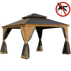 12 ft. x 12 ft. Brown Outdoor Aluminum Gazebo with Galvanized Steel Double Canopy Curtains and Netting for Deck Backyard