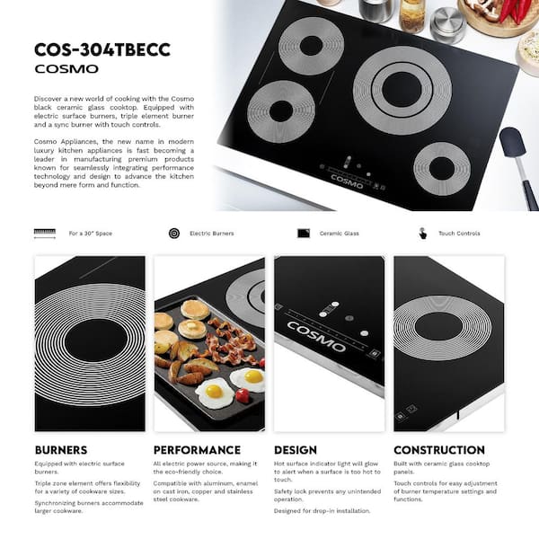 Cosmo 30 in. Electric Ceramic Glass Cooktop with 4 Elements
