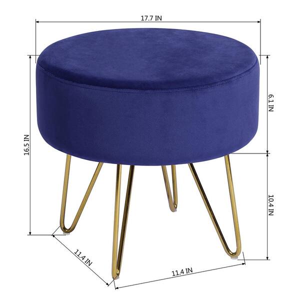 Modern Navy Velvet Upholstered Round Ottoman with Gold Metal Legs  