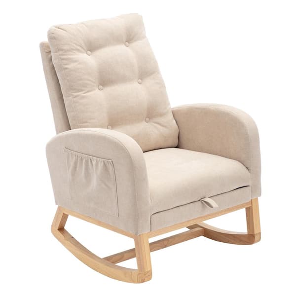 Unbranded Beige Wood Indoor Outdoor Rocking Chair with White Cushions and Footrest