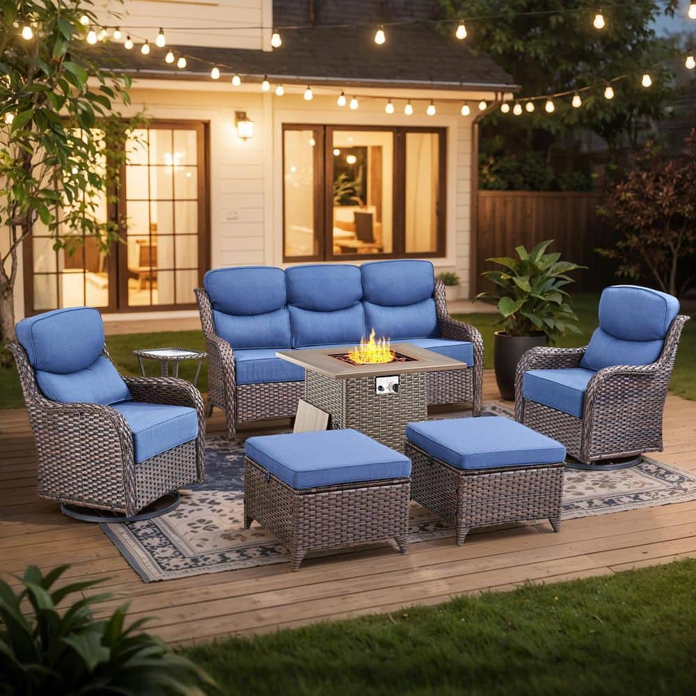 Holion 7-Piece Outdoor Conversation Set with Fire Pit Table, Wicker Swivel Rocker Chairs Patio Couch with Blue Cushions price history on PriceWatchPro