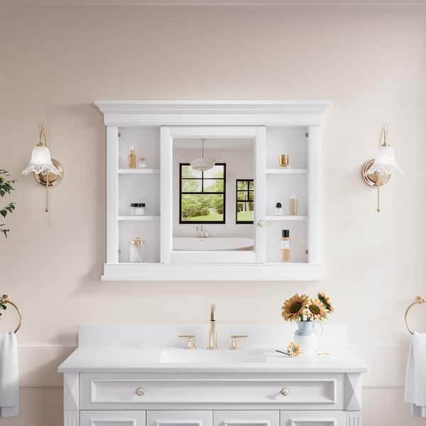 42 in. W x 32 in. H Rectangular Recessed Medicine Cabinet with Mirror, Adjustable Shelf, Natural Wood, White