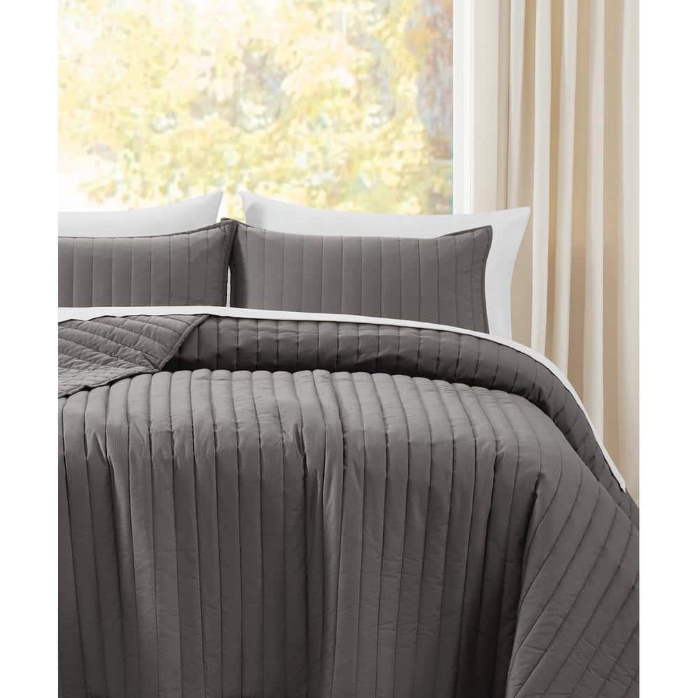 Gray Full Cotton Percale Quilt Set with Polyfill