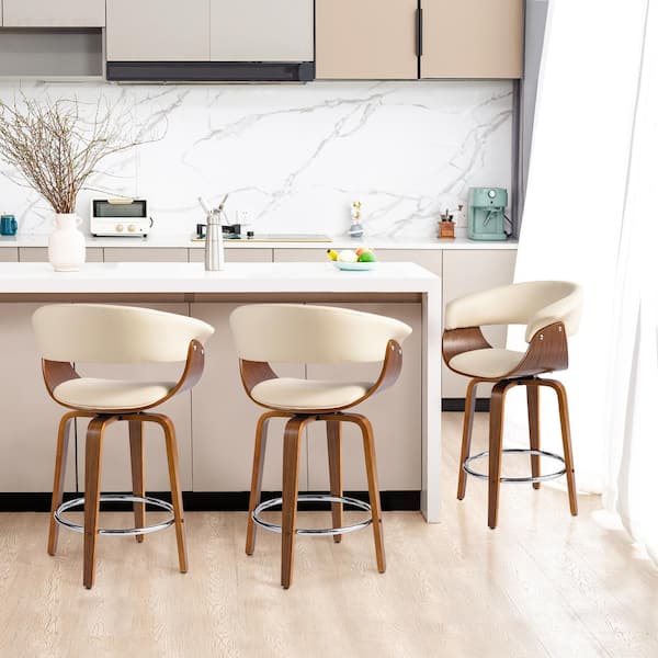 34.75 in. H Mid-century Modern Cream Leatherette Swivel Counter Stool with Walnut Bentwood Frame (Set of 4)