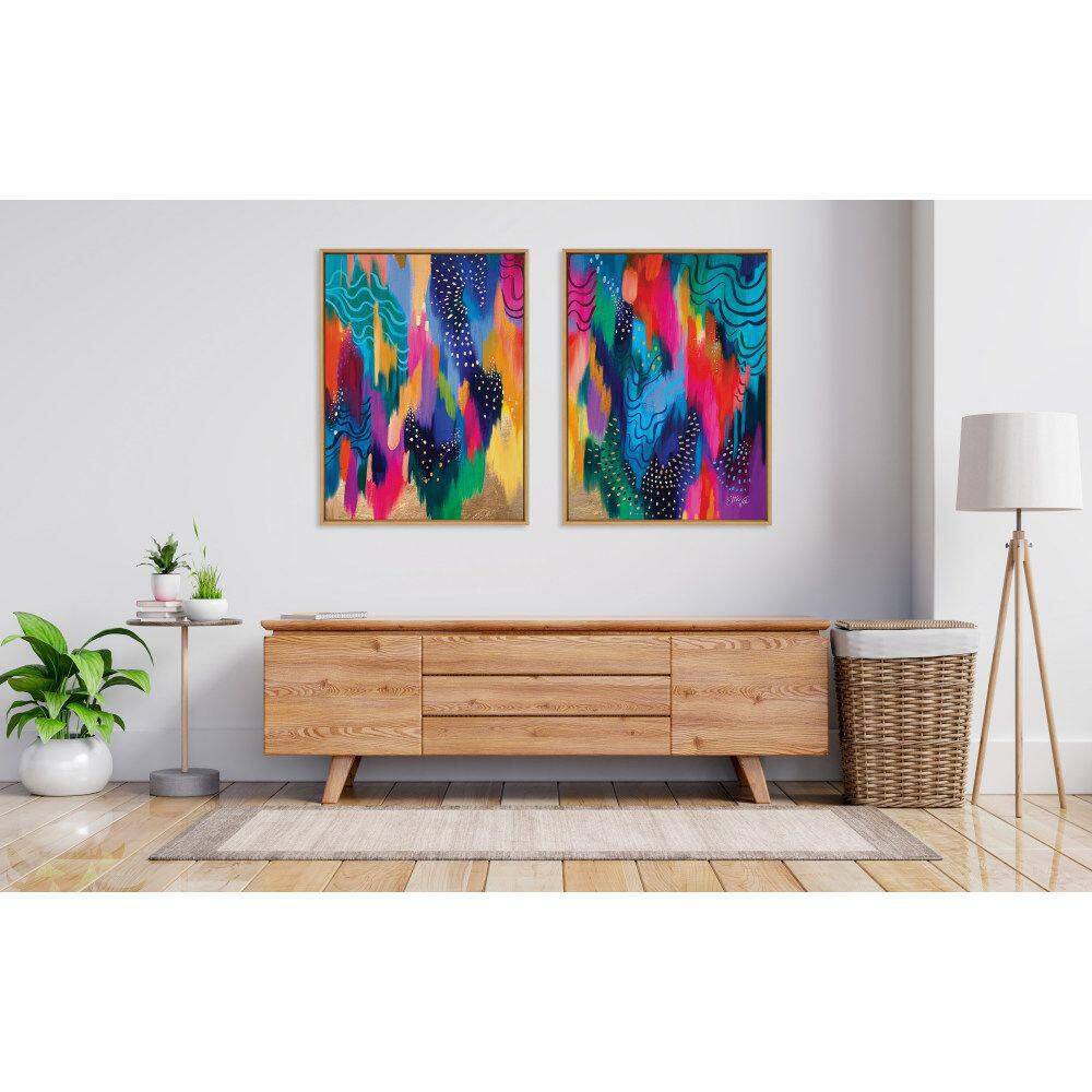 Colorful Abstract Brushstroke Canvas Wall Art Set, 28x38, Natural Frame