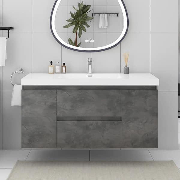 48 in. Single Sink Wall-Mounted Stone Grey Bathroom Vanity with White Resin Top