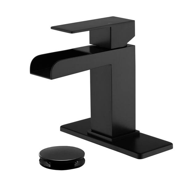 FLG Single Handle Single Hole Bathroom Faucet with Pop-up Drain Kit Stainless Steel Waterfall Sink Basin Taps in Matte Black