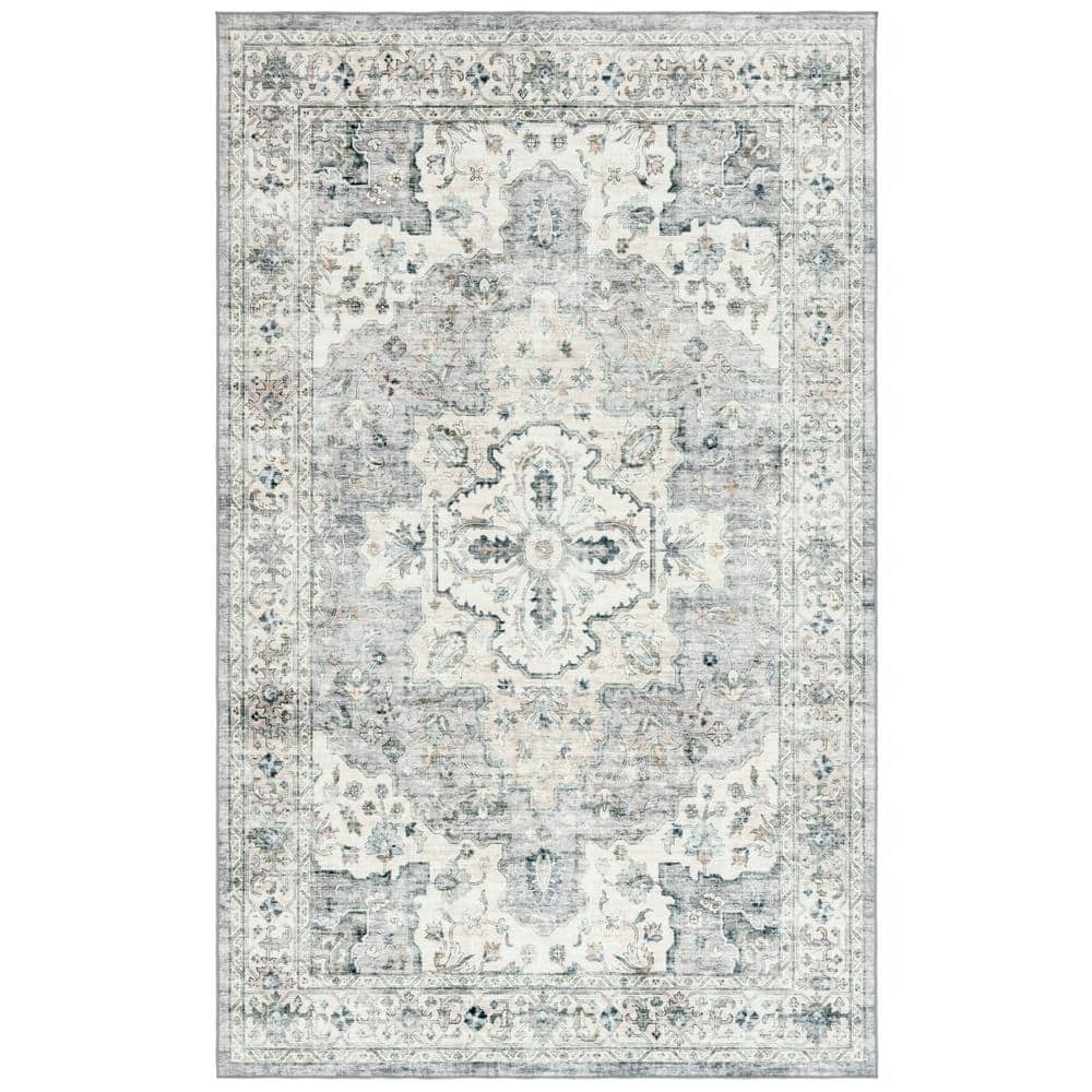 Light Grey and Beige Medallion Synthetic Washable Area Rug 5' x 8'