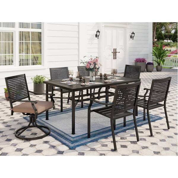 PHI VILLA Black 7-Piece Metal Patio Outdoor Dining Set with Beige Cushions