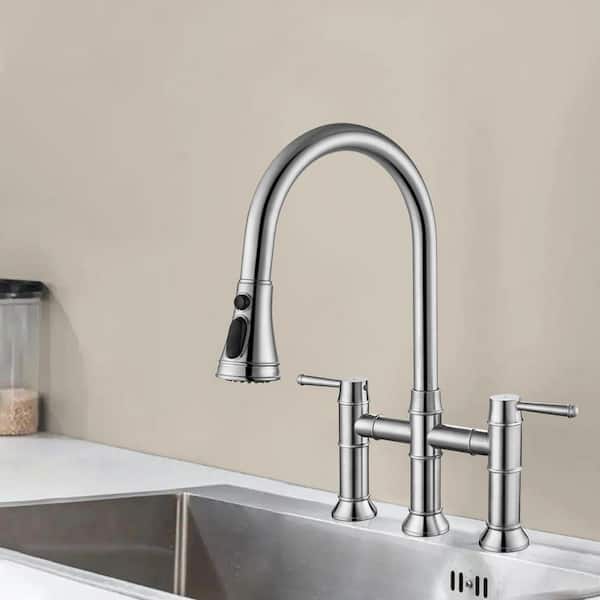 17.52 in. H Brushed Nickel Two Handles Pull Down Sprayer Kitchen Faucet with 360° Swivel