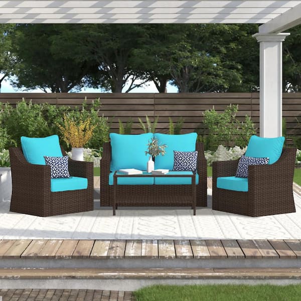 SUNVIVI 4-Piece Wicker Patio Conversation Set with Blue Cushions