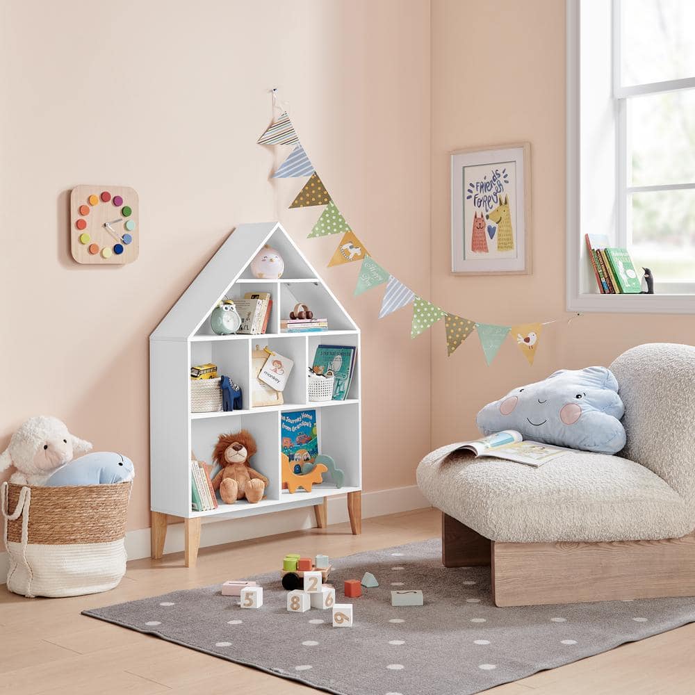 Steiner White Dollhouse 8-Compartment Kids Bookshelf with Beech Legs