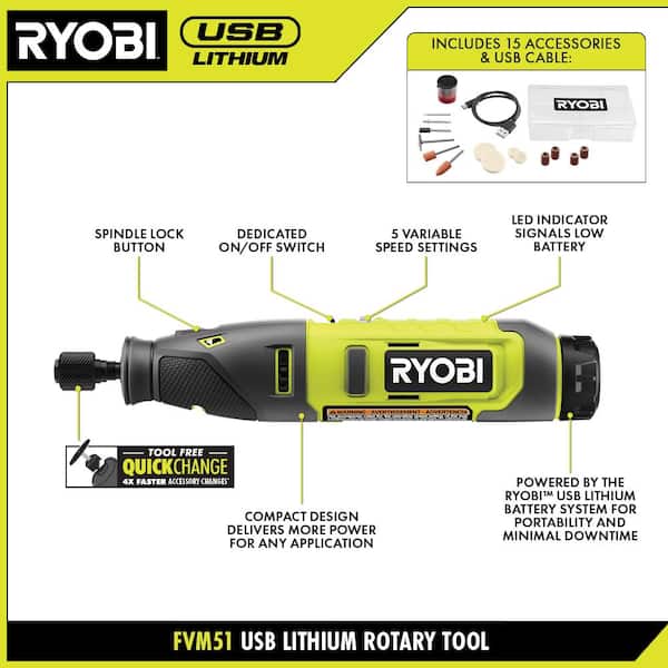 RYOBI - USB Lithium Project Kit with Rotary Tool, Inspection Light, Screwdriver, Glue Pen, (2) 2 Ah Batteries, & Charging Cable
