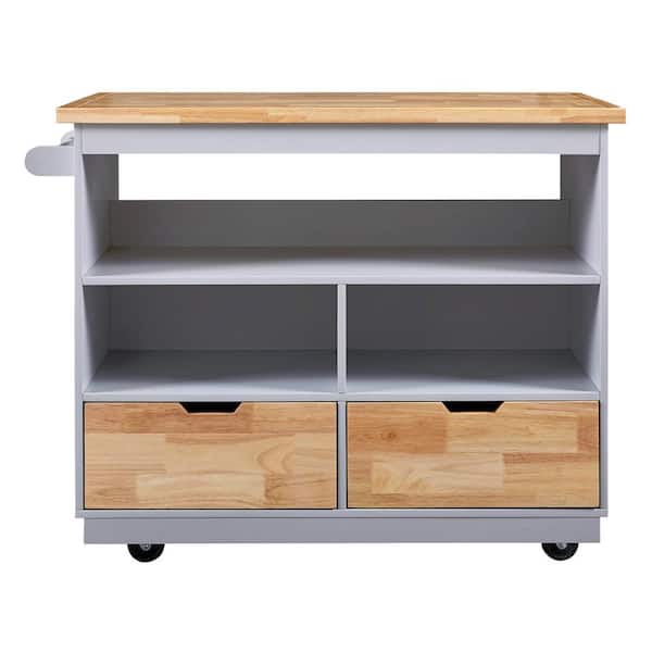 Unbranded Grey Blue Wood Outdoor Rolling Bar, Kitchen Island with Wheels, Wine and Spice Rack, Drawers and Open Compartments