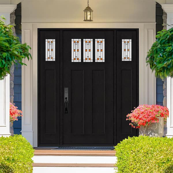 Regency 64 in. x 80 in. 3Lite Amberton Deco Glass LHOS Onyx Stain Fir Fiberglass Prehung Front Door w/Dbl 12in.SL