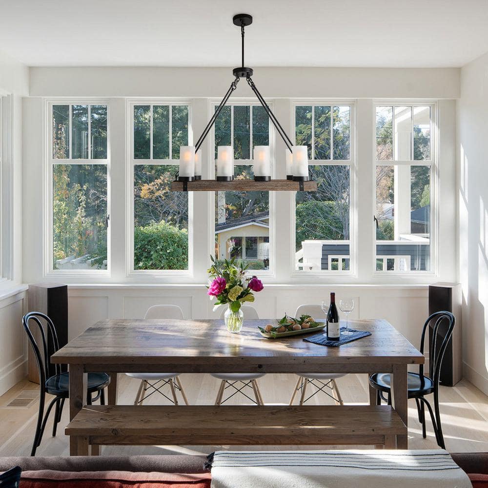 Rustic Bronze and Wood Chandelier with Frosted Glass Shades