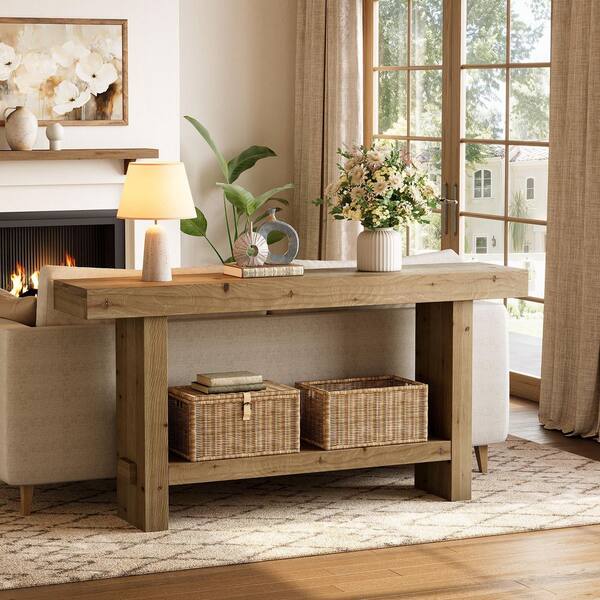 63 in. Natural Wood Rectangle Solid Wood Console Table for Entryway, Long Sofa Table with Storage for Living Room