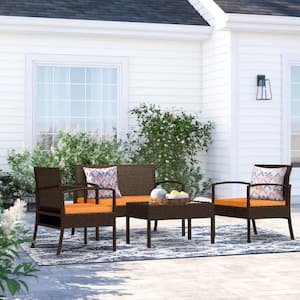 Nice 4-Piece Dark Brown Wicker Patio Conversation Set with Orange Cushions