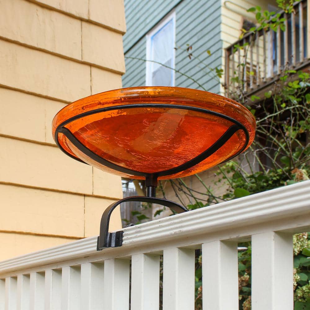 Mandarin Orange Crackle Glass Birdbath with Metal Stand