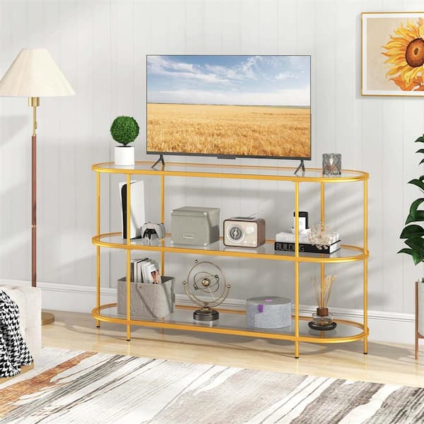 Gold 3-Tier TV Stand Fits TV's up to 65 in. with Tempered Glass Shelves TV Console Table