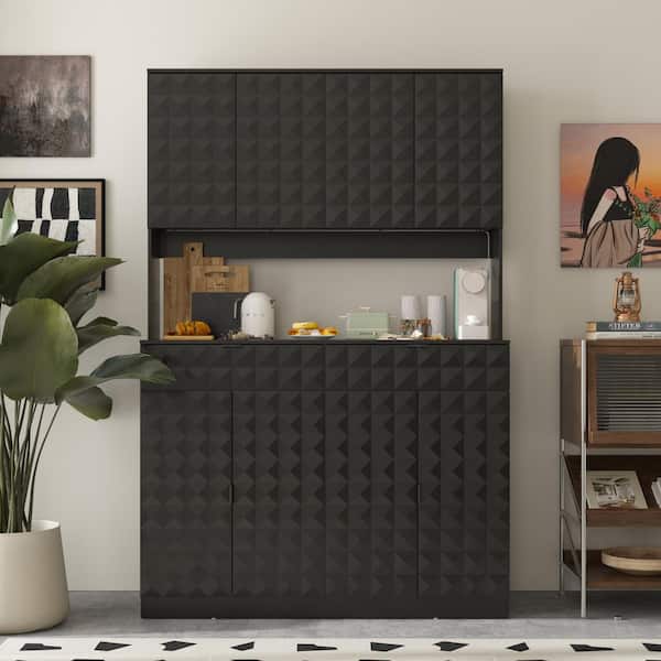 FUFU&GAGA Black Wood 46.8 in. W Pantry Cabinet with Adjustable Shelves, Textured Doors and Drawer, Buffet Storage or Bookshelf