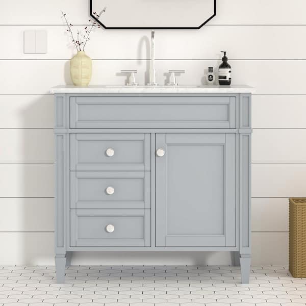 HOMEVY STUDIO Lydia 36 in. W x 21 in. D x 35 in. H Single Sink Freestanding Bath Vanity in Empire Gray with Carrara Marble Top