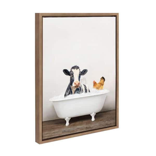 Kate and Laurel Sylvie Cow and Chicken in Rustic Bath by Amy Peterson Art Studio Framed Art Print 18 in. x 24 in.