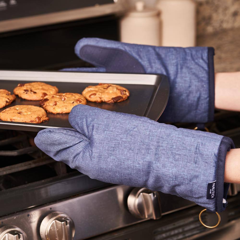 Navy Cotton Oven Mitts with Silicone Palm, Set of 2