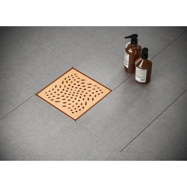 4 in. Square Stainless Steel Shower Drain with Wave Pattern in Rose Gold