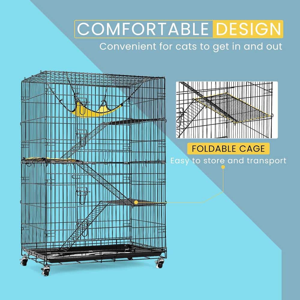 49-Inch Black Metal 4-Tier Cat Cage with Hammock and Ramps