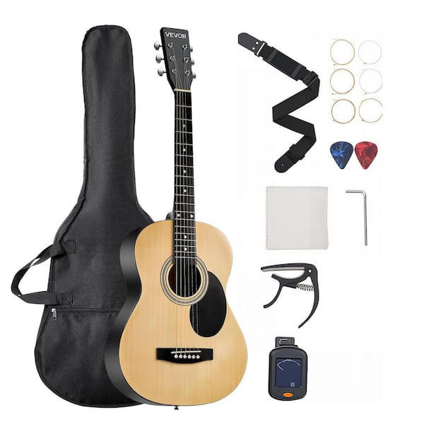 Dreadnought Acoustic Guitar 39 in. 6-String Natural Solid Spruce Top Guitar Portable Bundle with Gig Bag Tuner