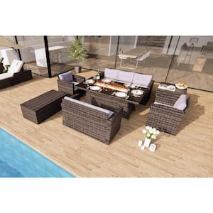 Amy 7-Piece Wicker Patio Fire Pit Conversation Sofa Set with Beige Cushions