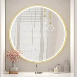 24 in. W x 24 in. H Large Round Framed Metal Modern Wall Mounted Bathroom Vanity Mirror in Gold