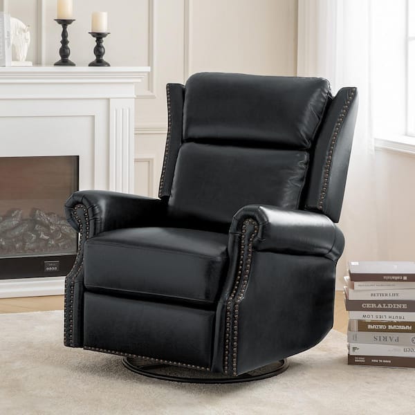 JAYDEN CREATION Lavinia Black Genuine Leather Manual Swivel Glider