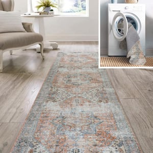Terra/Blue 2 ft. x 8 ft. Armae Distressed Medallion Chenille Machine-Washable Runner Rug