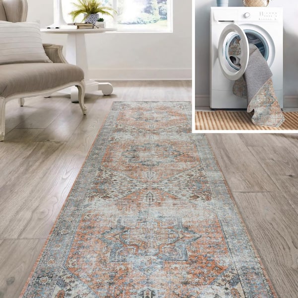 JONATHAN Y Terra/Blue 2 ft. x 8 ft. Armae Distressed Medallion Chenille Machine-Washable Runner Rug