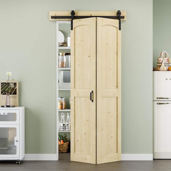 EH PUERTA 40 in. x 84 in. Paneled H Shape Solid Pine Wood Unfished Bi-fold Sliding Barn Door with Hardware Kit and Headerboard