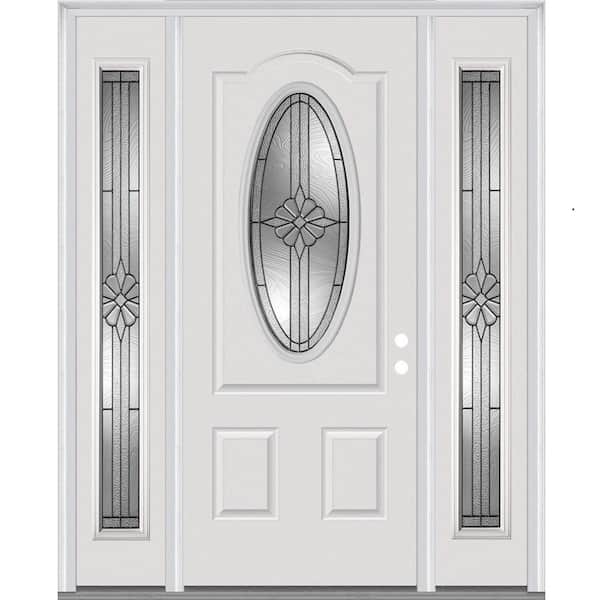 MMI Door 60 in. x 80 in. Dahlia Left-Hand Inswing Oval Lite Decorative 2-Panel Primed Steel Prehung Front Door with Sidelites
