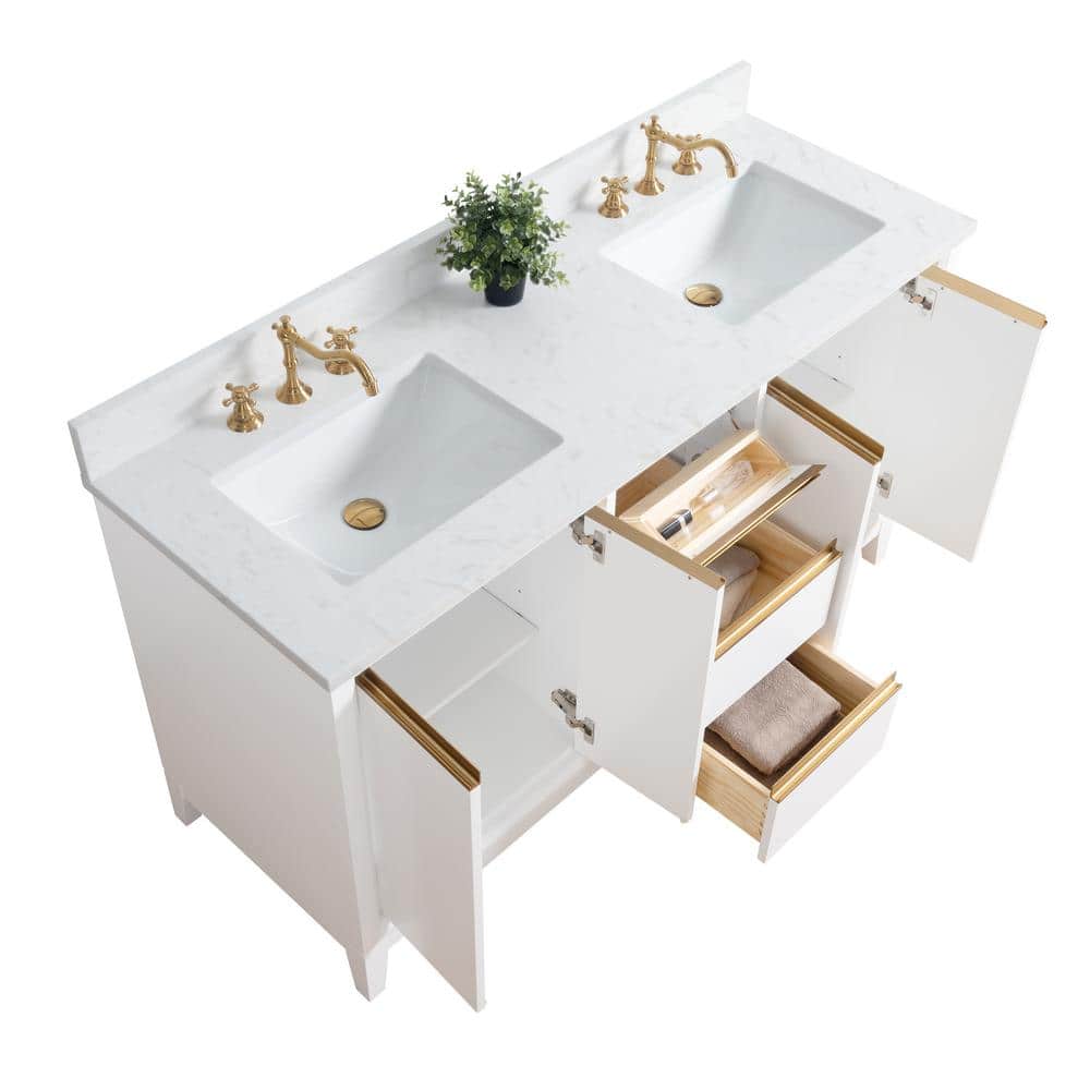 60" White Double Sink Bathroom Vanity with Engineered Marble Top