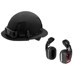 BOLT Black Type 1 Class C Full Brim Vented Hard Hat with 4 Point Ratcheting Suspension W/BOLT HP Cap Mounted Ear Muffs