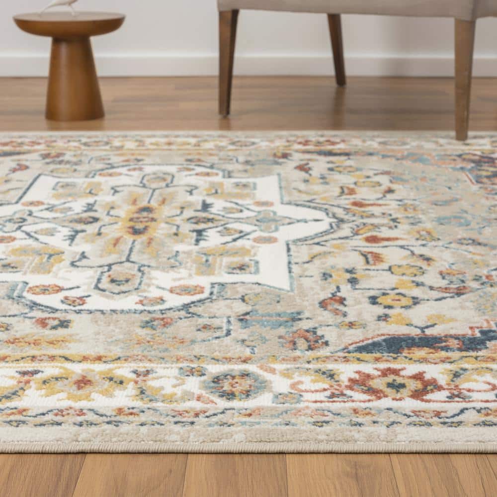 Arcady Ivory and Blue Synthetic Medallion Runner Rug