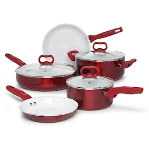 8-Piece Ceramic Nonstick Aluminum Dishwasher Safe Cookware Set in Red